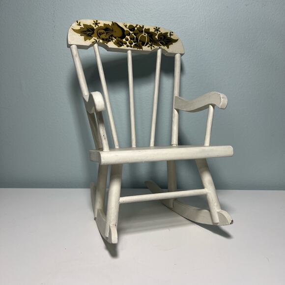 Vintage Painted White Wood Doll Rocking Chair Hitchkock Style Bear Display 11" - Picture 11 of 11